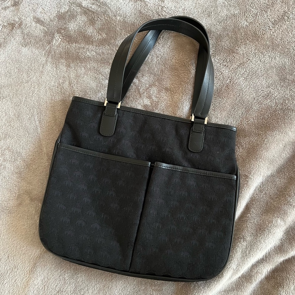 Brooks Brothers Black Canvas Italian Leather Trim Shoulder Bag Purse Lamb logo